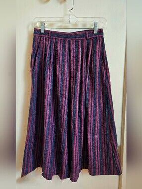 Vintage 80s/90s Present Tense Striped Midi Skirt, Pleated Plum & Navy Wool Blend